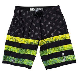 Pelagic Sharkskin Board Shorts Mens Size 30 Swim Trunks USA Flag Drawstring Gray